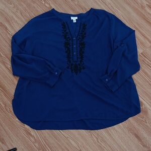 St. Johns Bay Womens 2XL.Navy Blue Black Embroidered Top Long Sleeves Buttons